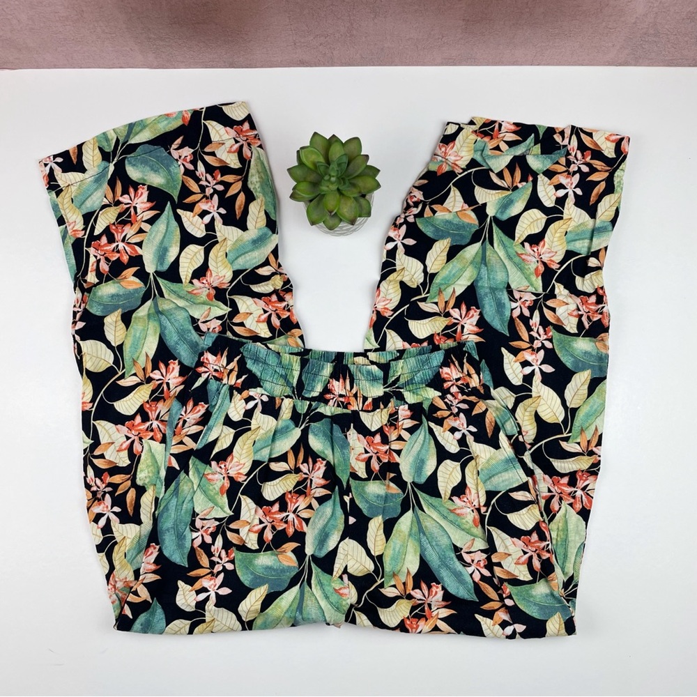 Panama Jack Linen Blend Green Black Yellow Tropical Floral Pants Women Size XS